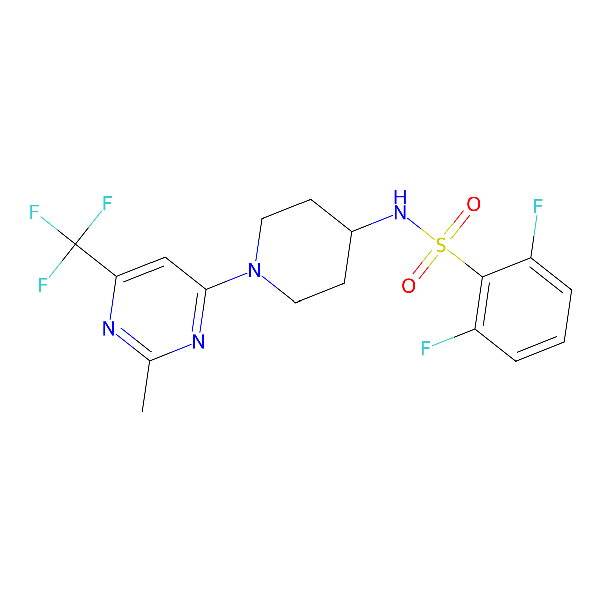 2,6-difluoro-N-(1-(2-methyl-6-(trifluoromethyl)pyrimidin-4-yl)piperidin-4-yl)benzenesulfonamide molecular structure, CAS 2034407-48-0