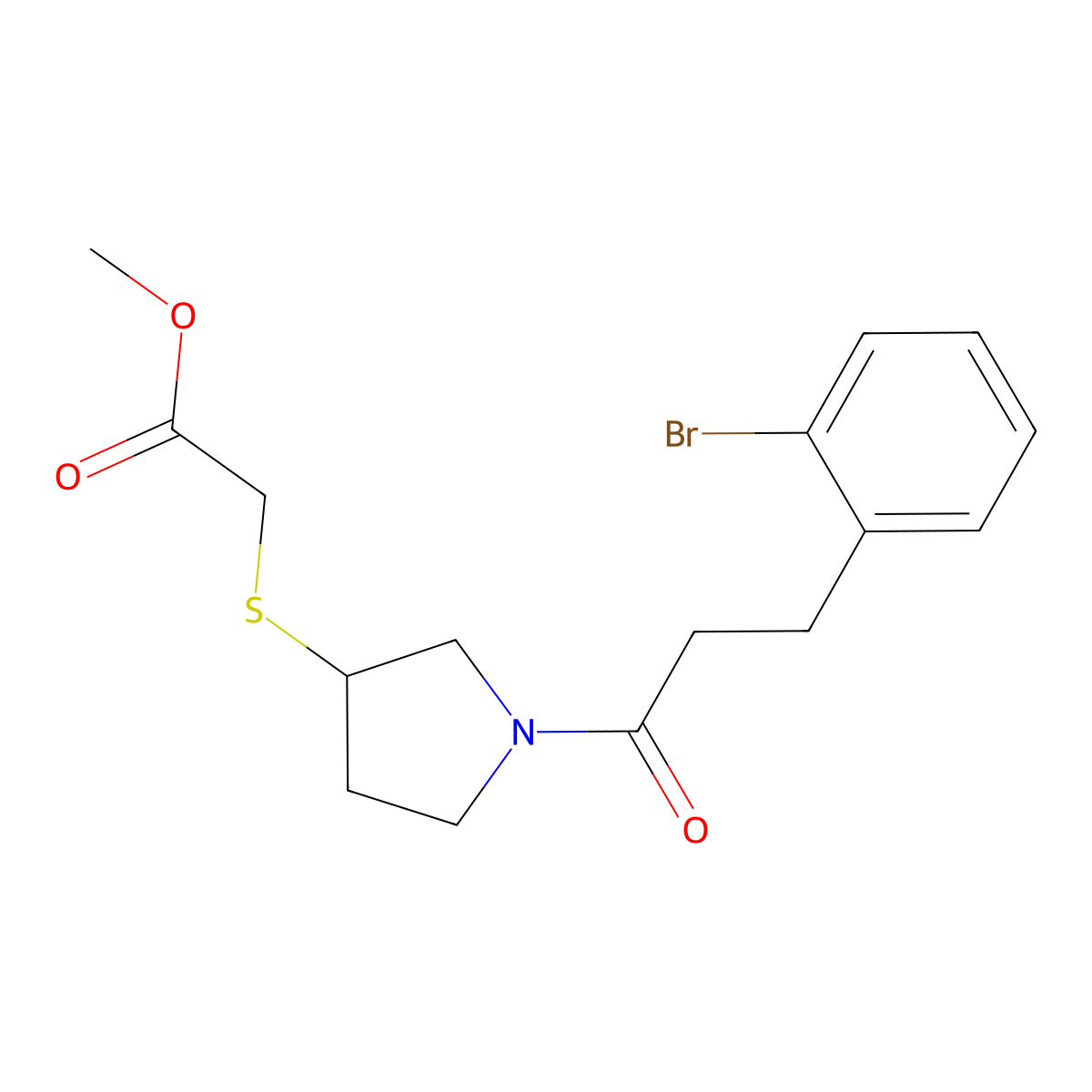 Methyl 2-((1-(3-(2-bromophenyl)propanoyl)pyrrolidin-3-yl)thio)acetate molecular structure, CAS 2034407-51-5