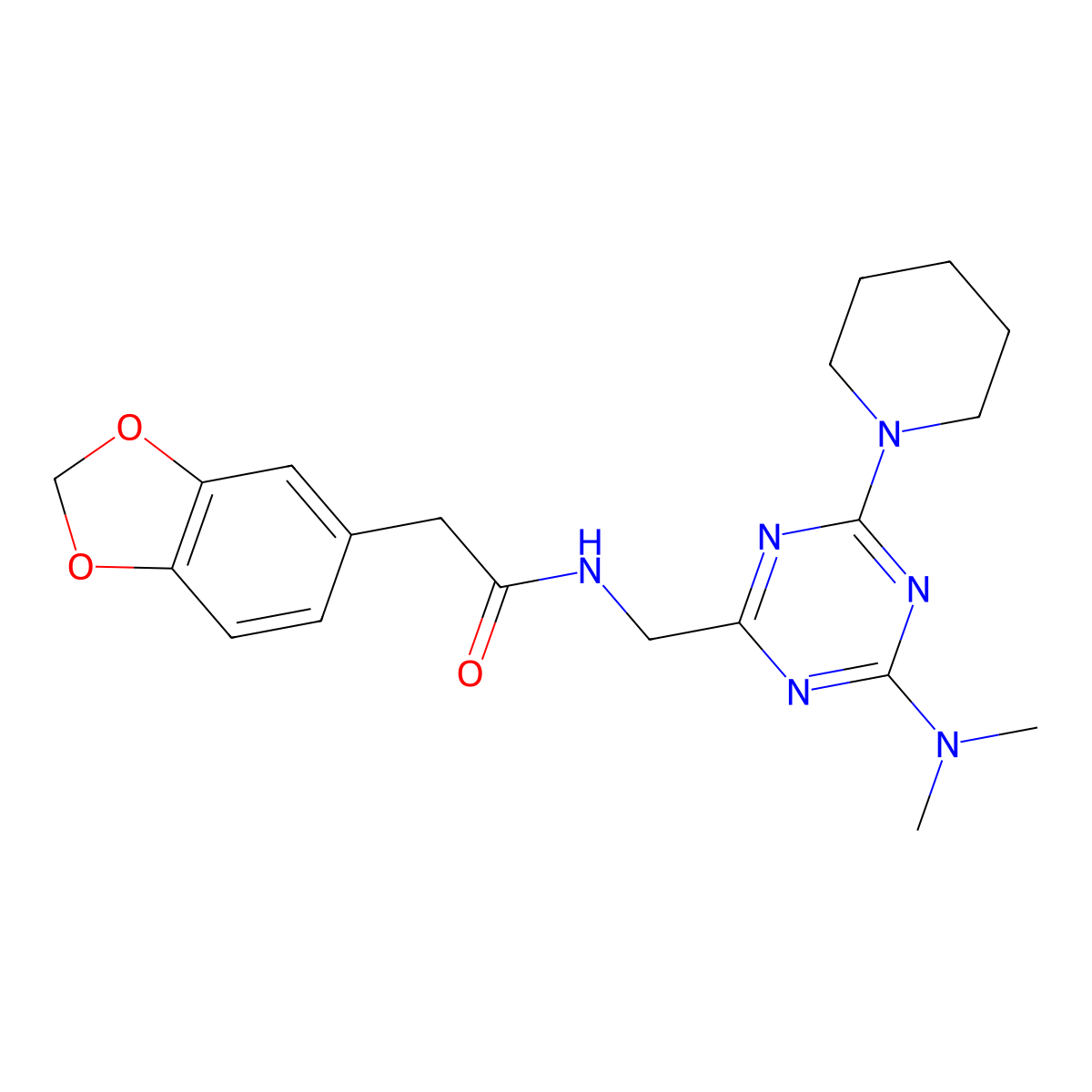 2-(benzo[d][1,3]dioxol-5-yl)-N-((4-(dimethylamino)-6-(piperidin-1-yl)-1,3,5-triazin-2-yl)methyl)acetamide molecular structure, CAS 2034407-54-8