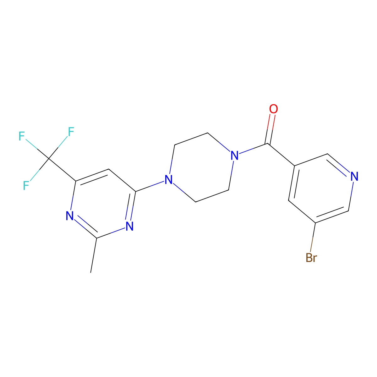 (5-Bromopyridin-3-yl)(4-(2-methyl-6-(trifluoromethyl)pyrimidin-4-yl)piperazin-1-yl)methanone molecular structure, CAS 2034407-55-9