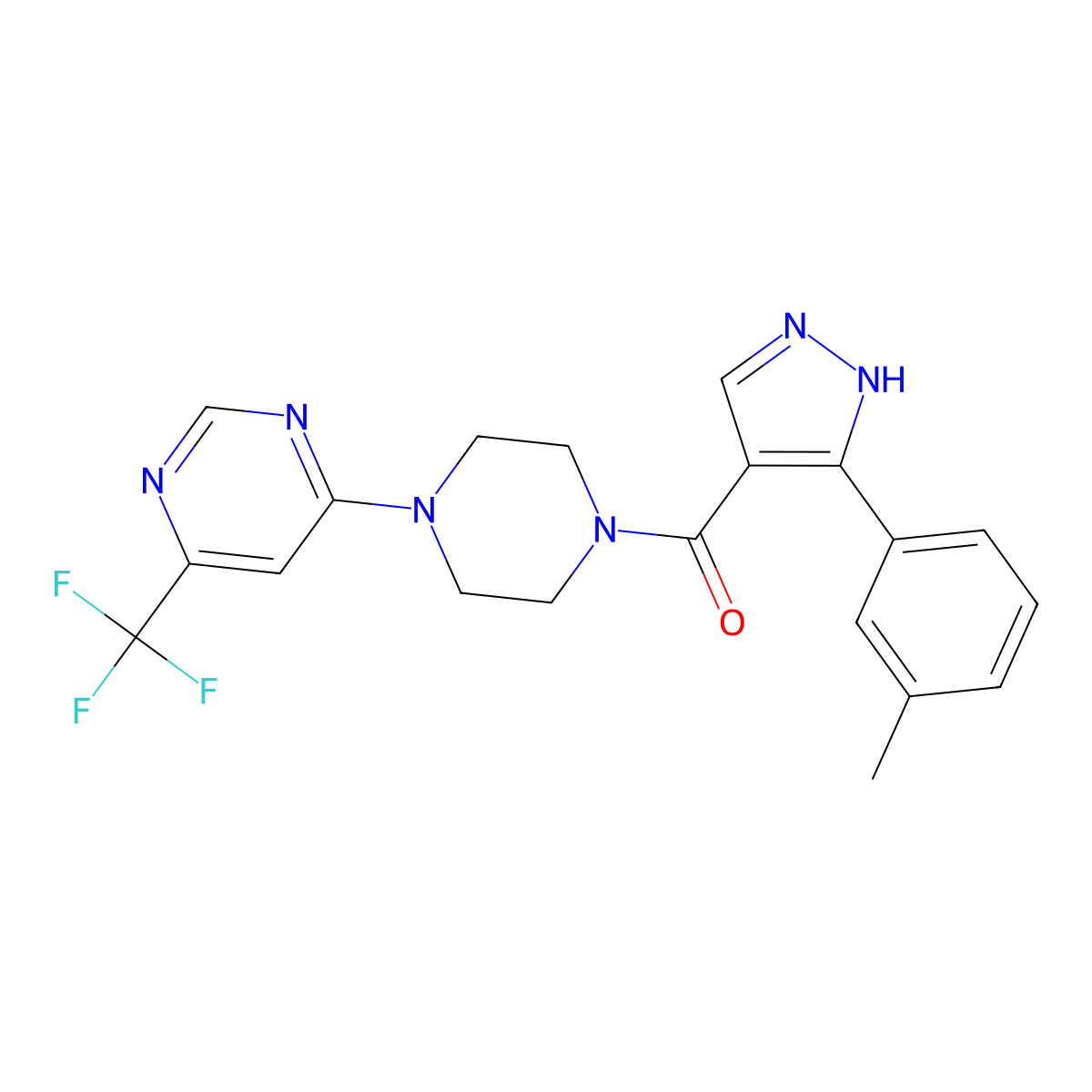(3-(m-tolyl)-1H-pyrazol-4-yl)(4-(6-(trifluoromethyl)pyrimidin-4-yl)piperazin-1-yl)methanone molecular structure, CAS 2034407-57-1