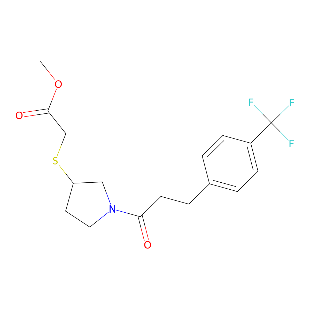 Methyl 2-((1-(3-(4-(trifluoromethyl)phenyl)propanoyl)pyrrolidin-3-yl)thio)acetate molecular structure, CAS 2034407-58-2
