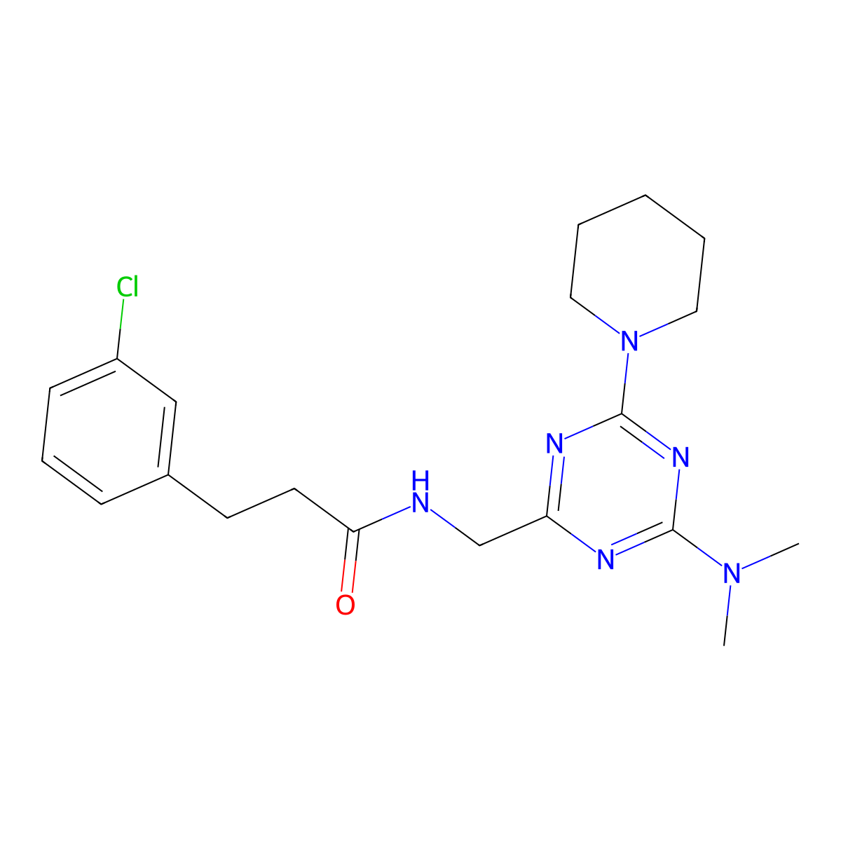 3-(3-chlorophenyl)-N-((4-(dimethylamino)-6-(piperidin-1-yl)-1,3,5-triazin-2-yl)methyl)propanamide molecular structure, CAS 2034407-62-8