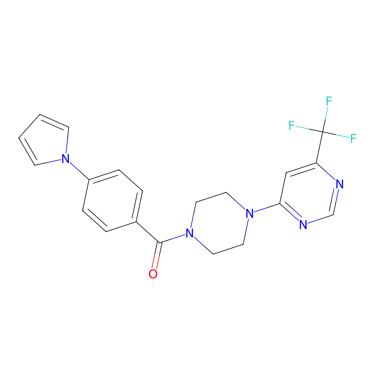 (4-(1H-pyrrol-1-yl)phenyl)(4-(6-(trifluoromethyl)pyrimidin-4-yl)piperazin-1-yl)methanone molecular structure, CAS 2034407-66-2