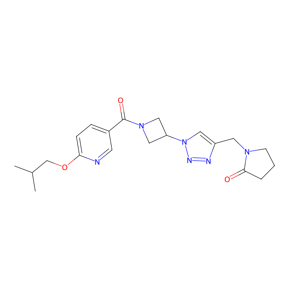 1-((1-(1-(6-isobutoxynicotinoyl)azetidin-3-yl)-1H-1,2,3-triazol-4-yl)methyl)pyrrolidin-2-one molecular structure, CAS 2034407-69-5