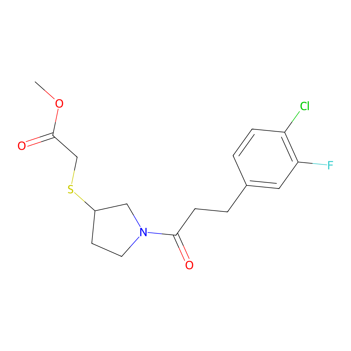 Methyl 2-((1-(3-(4-chloro-3-fluorophenyl)propanoyl)pyrrolidin-3-yl)thio)acetate molecular structure, CAS 2034407-71-9