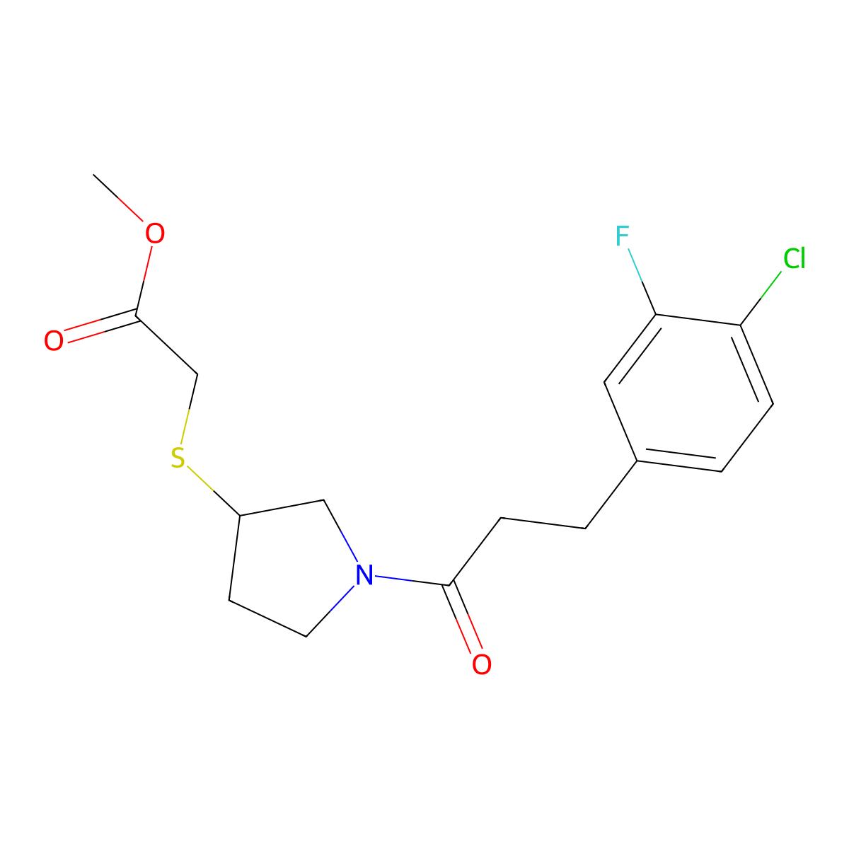 Methyl 2-((1-(3-(4-chloro-3-fluorophenyl)propanoyl)pyrrolidin-3-yl)thio)acetate molecular structure, CAS 2034407-71-9