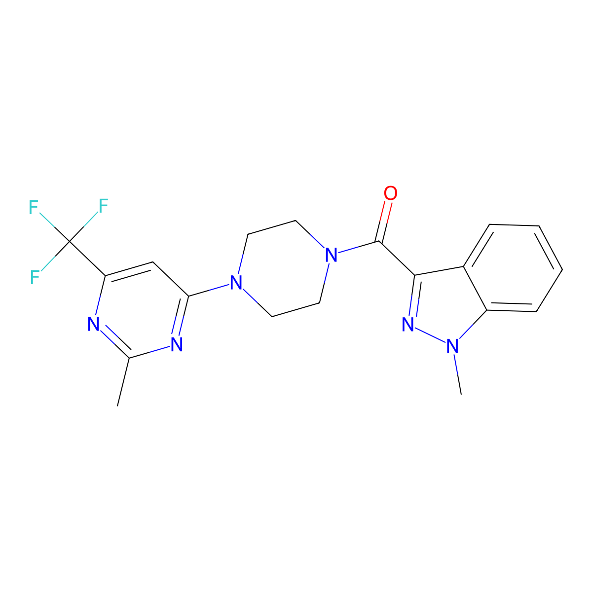 (1-methyl-1H-indazol-3-yl)(4-(2-methyl-6-(trifluoromethyl)pyrimidin-4-yl)piperazin-1-yl)methanone molecular structure, CAS 2034407-72-0