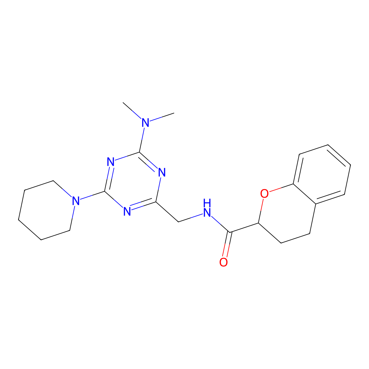 N-((4-(dimethylamino)-6-(piperidin-1-yl)-1,3,5-triazin-2-yl)methyl)chroman-2-carboxamide molecular structure, CAS 2034407-73-1