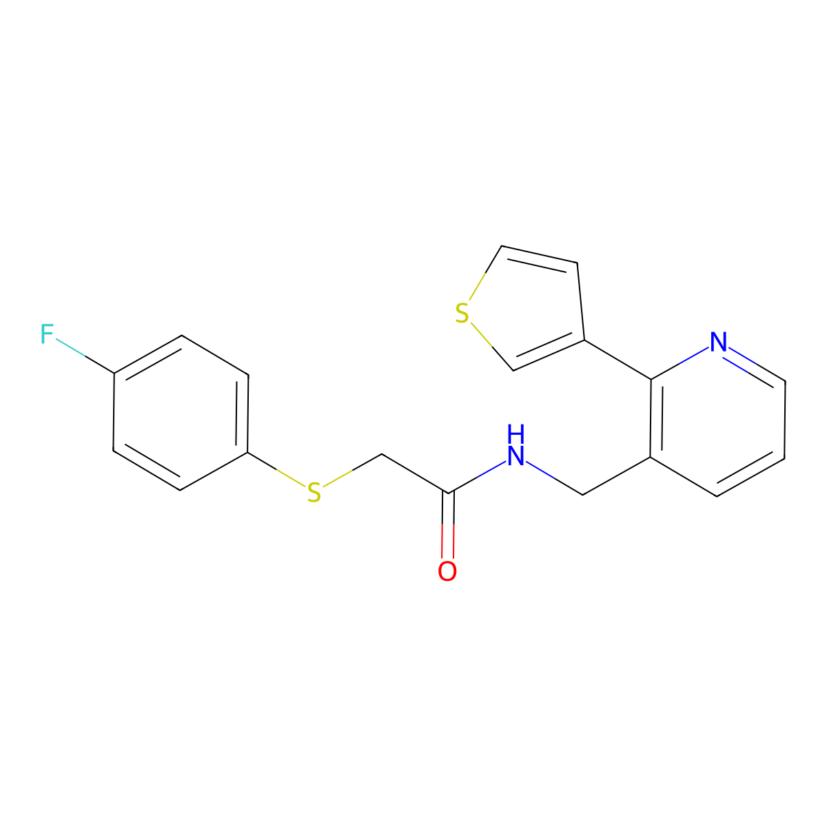 2-((4-fluorophenyl)thio)-N-((2-(thiophen-3-yl)pyridin-3-yl)methyl)acetamide molecular structure, CAS 2034407-78-6
