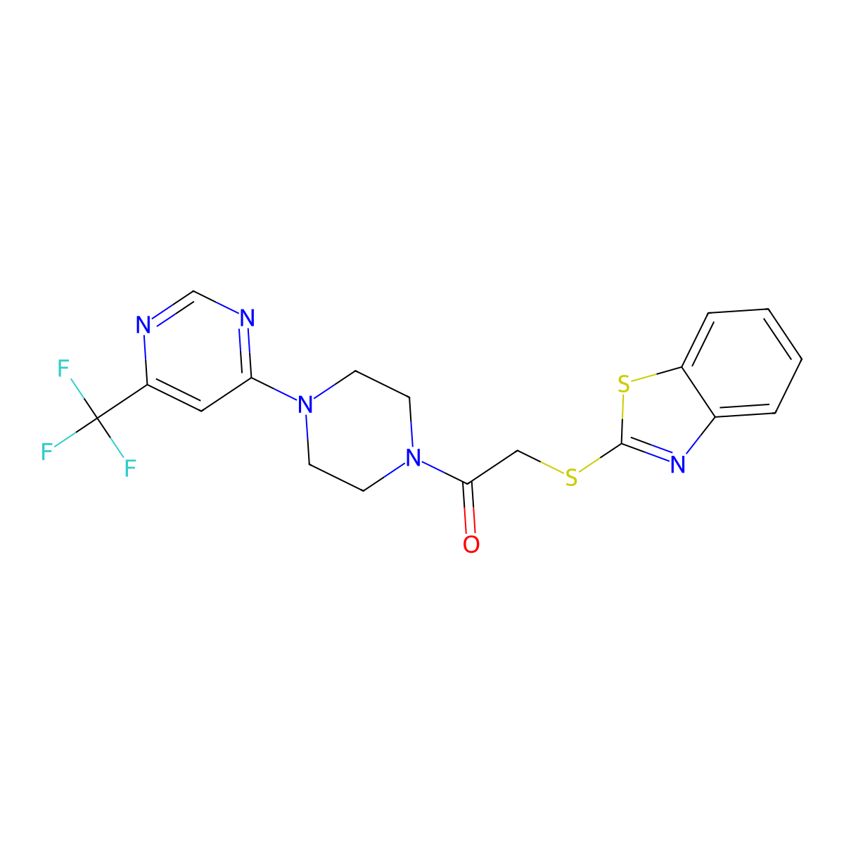 2-(Benzo[d]thiazol-2-ylthio)-1-(4-(6-(trifluoromethyl)pyrimidin-4-yl)piperazin-1-yl)ethanone molecular structure, CAS 2034407-79-7