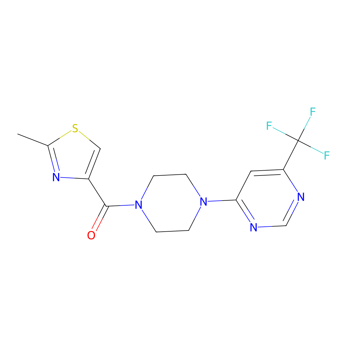 (2-Methylthiazol-4-yl)(4-(6-(trifluoromethyl)pyrimidin-4-yl)piperazin-1-yl)methanone molecular structure, CAS 2034407-85-5