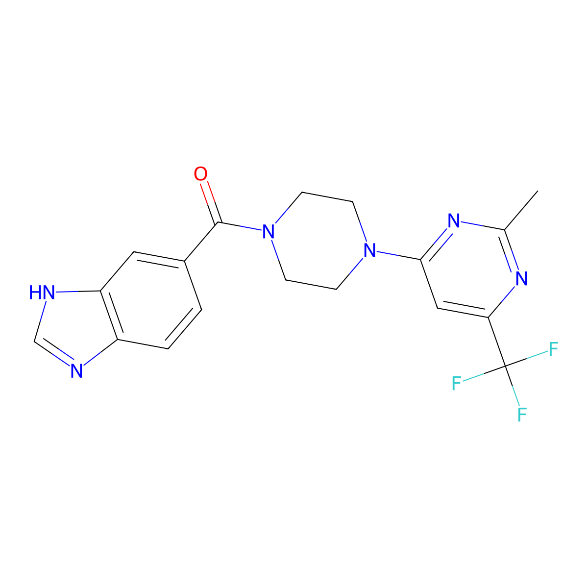 (1H-benzo[d]imidazol-5-yl)(4-(2-methyl-6-(trifluoromethyl)pyrimidin-4-yl)piperazin-1-yl)methanone molecular structure, CAS 2034407-87-7