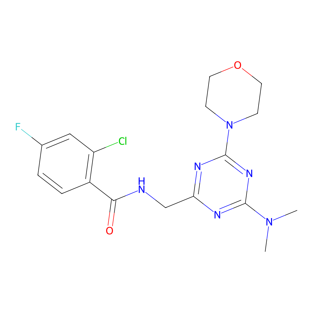 2-chloro-N-((4-(dimethylamino)-6-morpholino-1,3,5-triazin-2-yl)methyl)-4-fluorobenzamide molecular structure, CAS 2034407-98-0