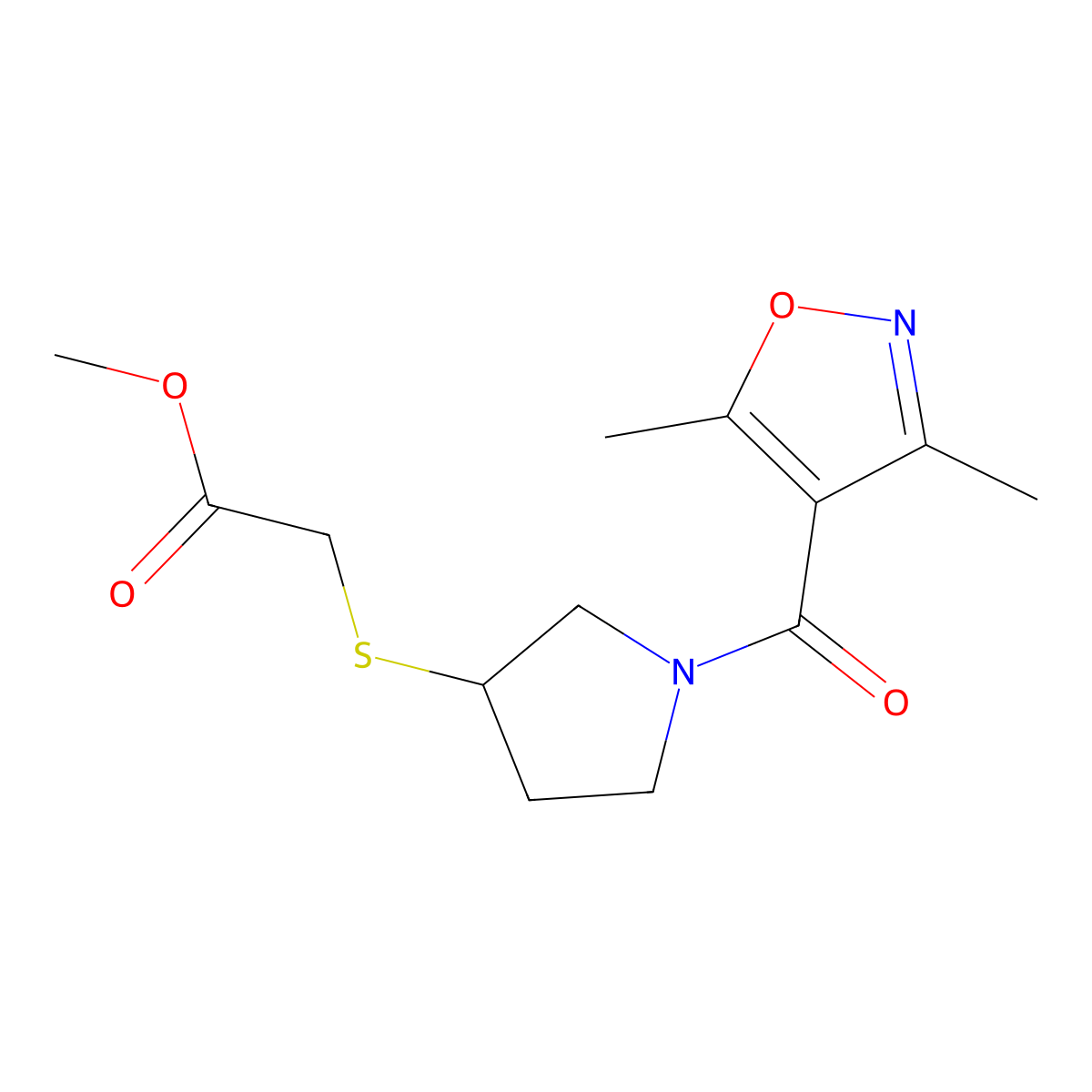 Methyl 2-((1-(3,5-dimethylisoxazole-4-carbonyl)pyrrolidin-3-yl)thio)acetate molecular structure, CAS 2034408-08-5