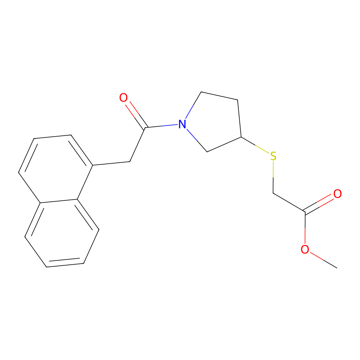 Methyl 2-((1-(2-(naphthalen-1-yl)acetyl)pyrrolidin-3-yl)thio)acetate molecular structure, CAS 2034408-12-1