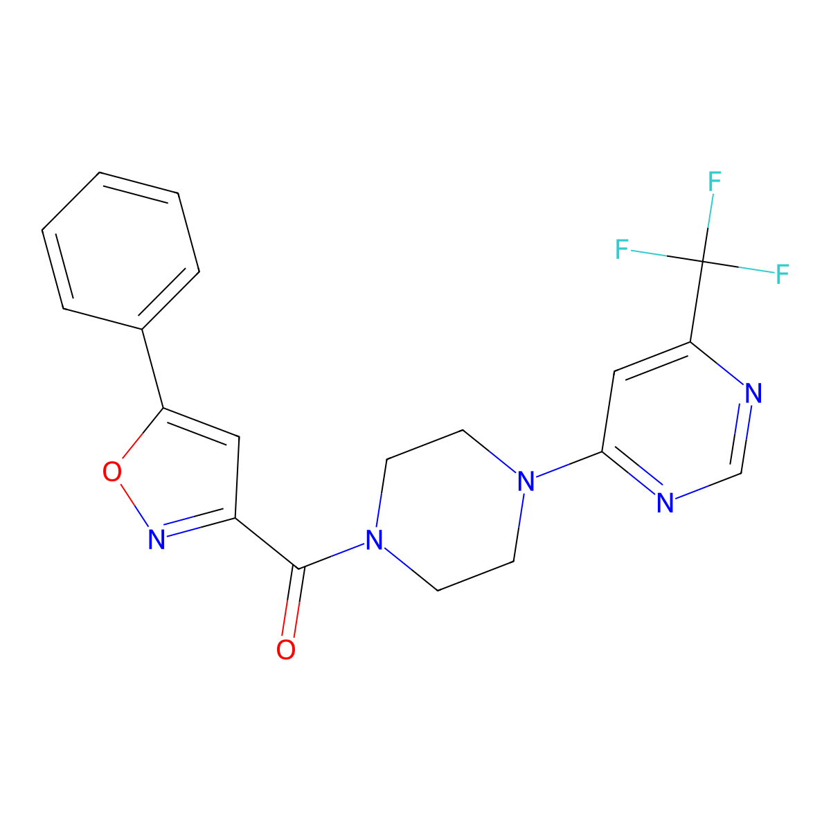 (5-Phenylisoxazol-3-yl)(4-(6-(trifluoromethyl)pyrimidin-4-yl)piperazin-1-yl)methanone molecular structure, CAS 2034408-15-4