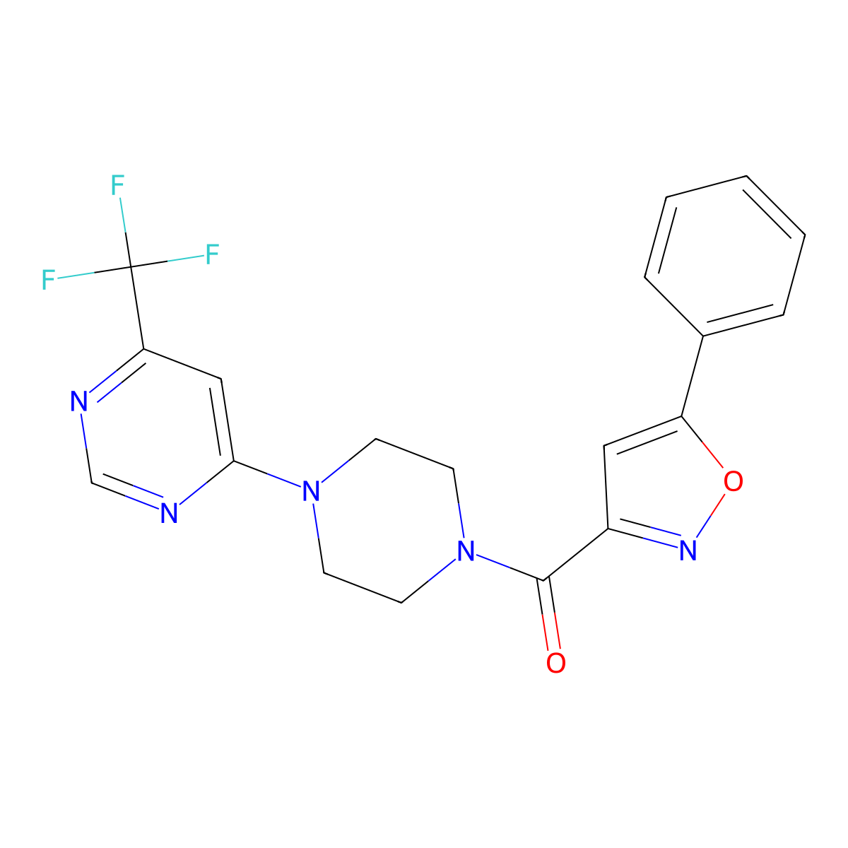 (5-Phenylisoxazol-3-yl)(4-(6-(trifluoromethyl)pyrimidin-4-yl)piperazin-1-yl)methanone molecular structure, CAS 2034408-15-4