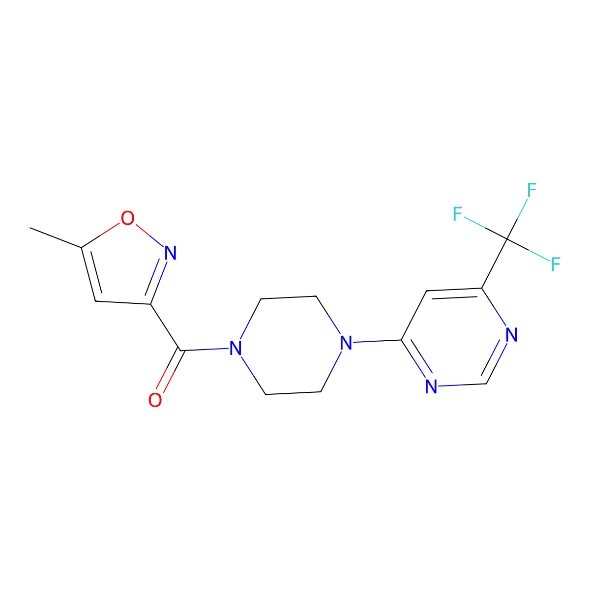 (5-Methylisoxazol-3-yl)(4-(6-(trifluoromethyl)pyrimidin-4-yl)piperazin-1-yl)methanone molecular structure, CAS 2034408-20-1