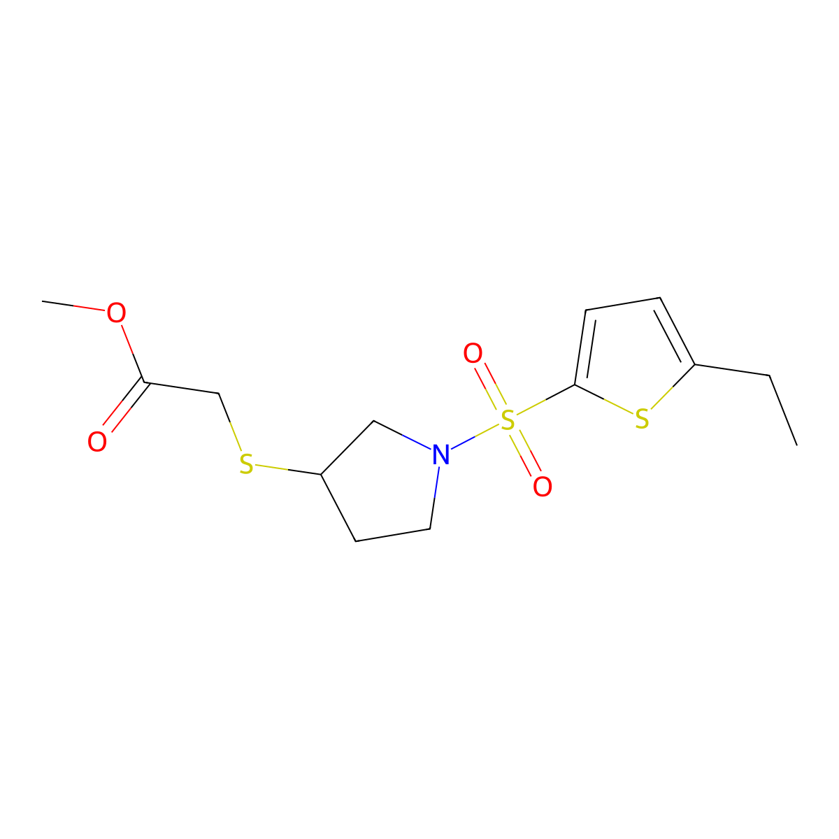 Methyl 2-((1-((5-ethylthiophen-2-yl)sulfonyl)pyrrolidin-3-yl)thio)acetate molecular structure, CAS 2034408-26-7