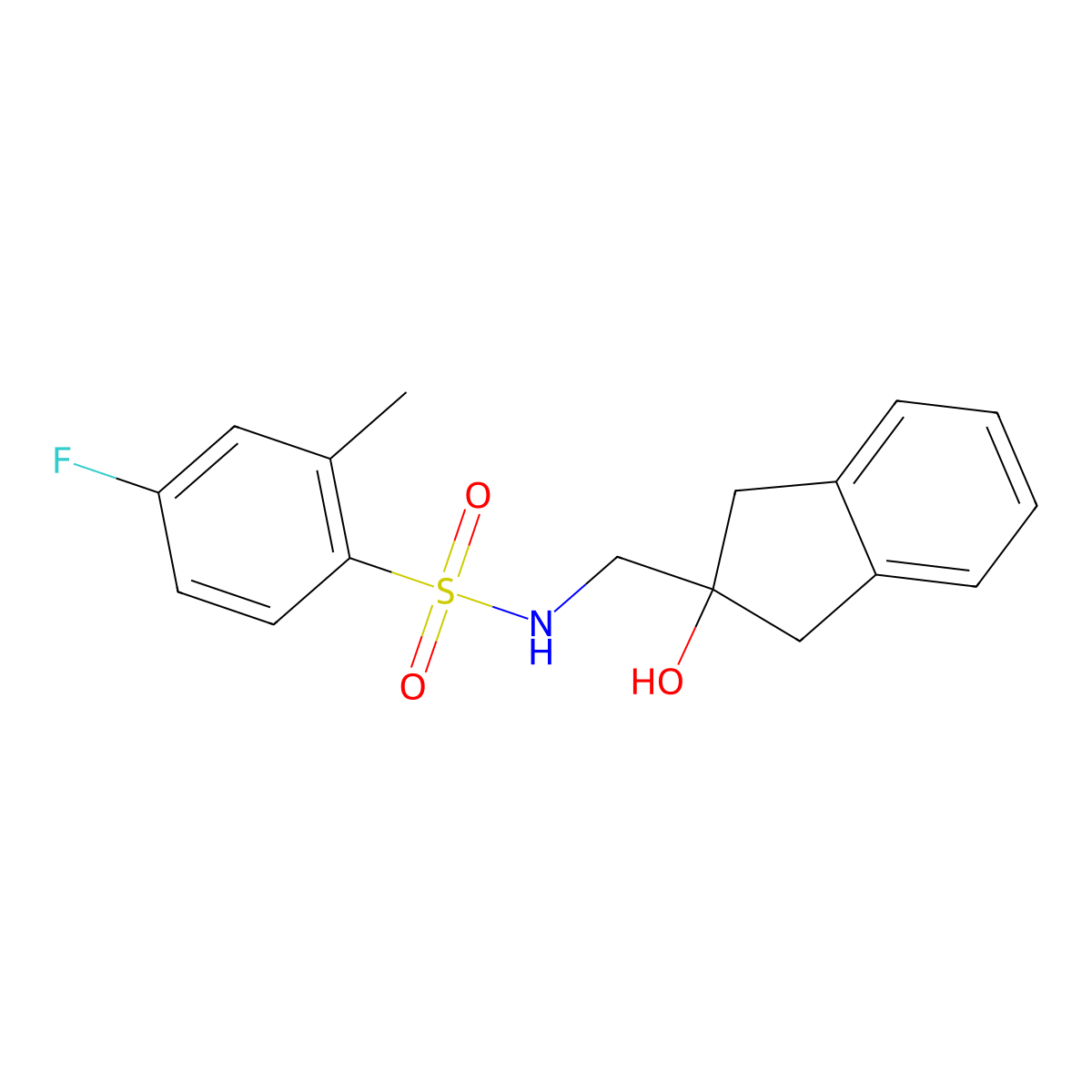 4-fluoro-N-((2-hydroxy-2,3-dihydro-1H-inden-2-yl)methyl)-2-methylbenzenesulfonamide molecular structure, CAS 2034408-42-7