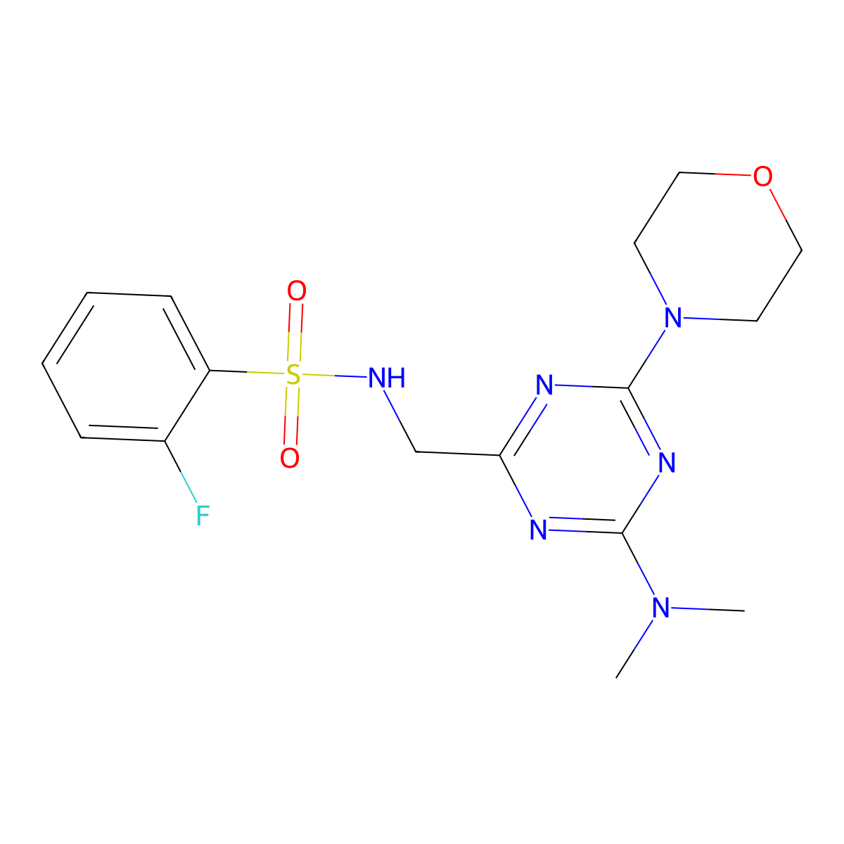 N-((4-(dimethylamino)-6-morpholino-1,3,5-triazin-2-yl)methyl)-2-fluorobenzenesulfonamide molecular structure, CAS 2034408-49-4