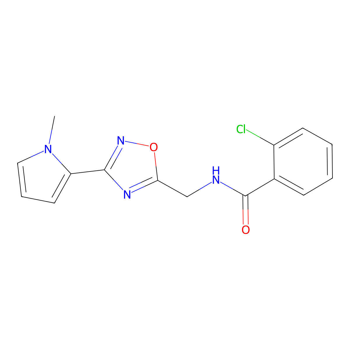 2-chloro-N-((3-(1-methyl-1H-pyrrol-2-yl)-1,2,4-oxadiazol-5-yl)methyl)benzamide molecular structure, CAS 2034408-57-4