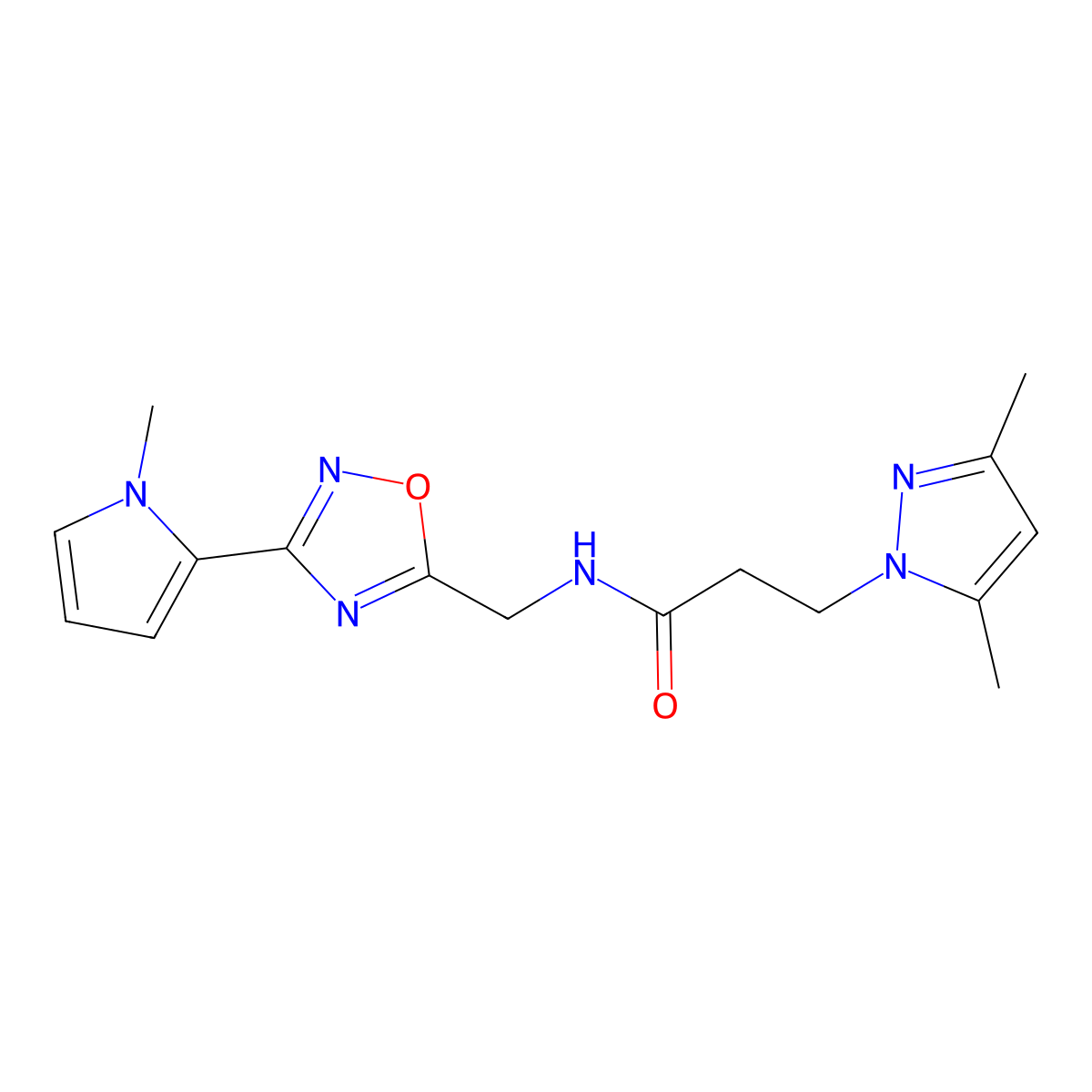 3-(3,5-dimethyl-1H-pyrazol-1-yl)-N-((3-(1-methyl-1H-pyrrol-2-yl)-1,2,4-oxadiazol-5-yl)methyl)propanamide molecular structure, CAS 2034408-67-6