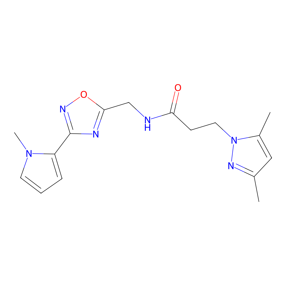 3-(3,5-dimethyl-1H-pyrazol-1-yl)-N-((3-(1-methyl-1H-pyrrol-2-yl)-1,2,4-oxadiazol-5-yl)methyl)propanamide molecular structure, CAS 2034408-67-6