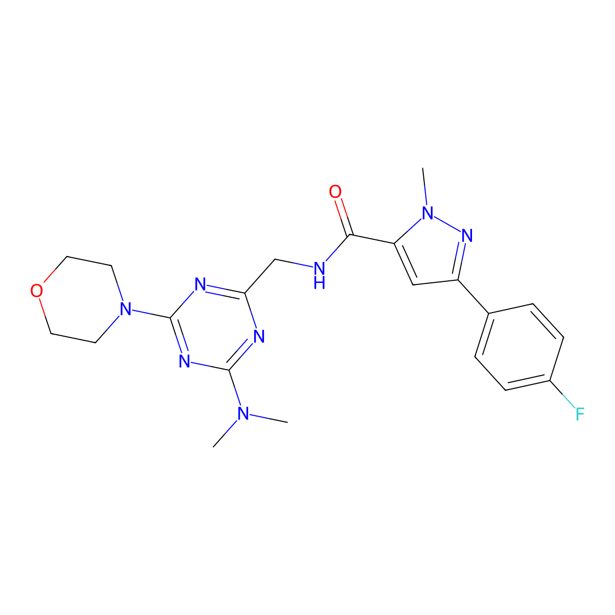 N-((4-(dimethylamino)-6-morpholino-1,3,5-triazin-2-yl)methyl)-3-(4-fluorophenyl)-1-methyl-1H-pyrazole-5-carboxamide molecular structure, CAS 2034408-86-9