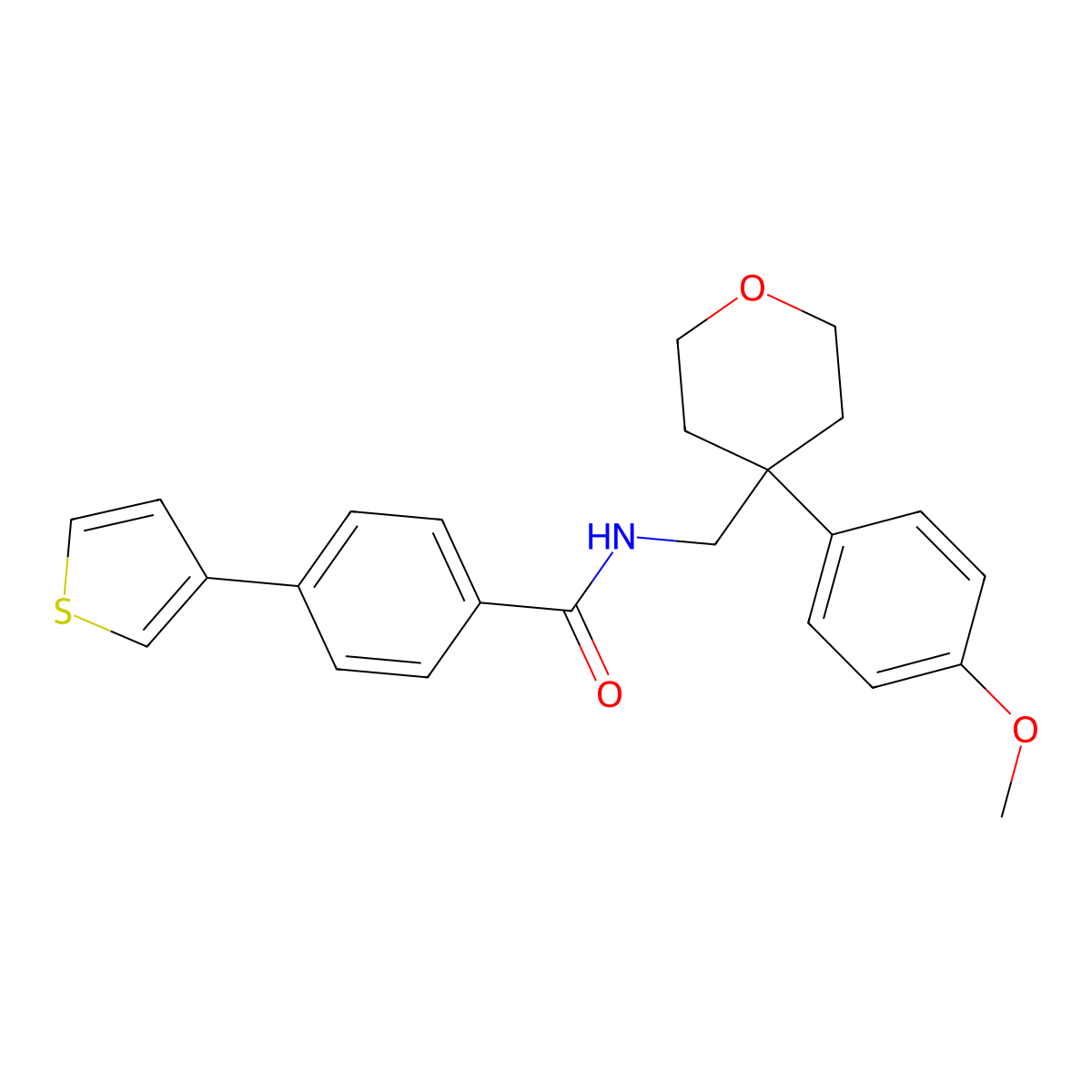 N-((4-(4-methoxyphenyl)tetrahydro-2H-pyran-4-yl)methyl)-4-(thiophen-3-yl)benzamide molecular structure, CAS 2034408-91-6