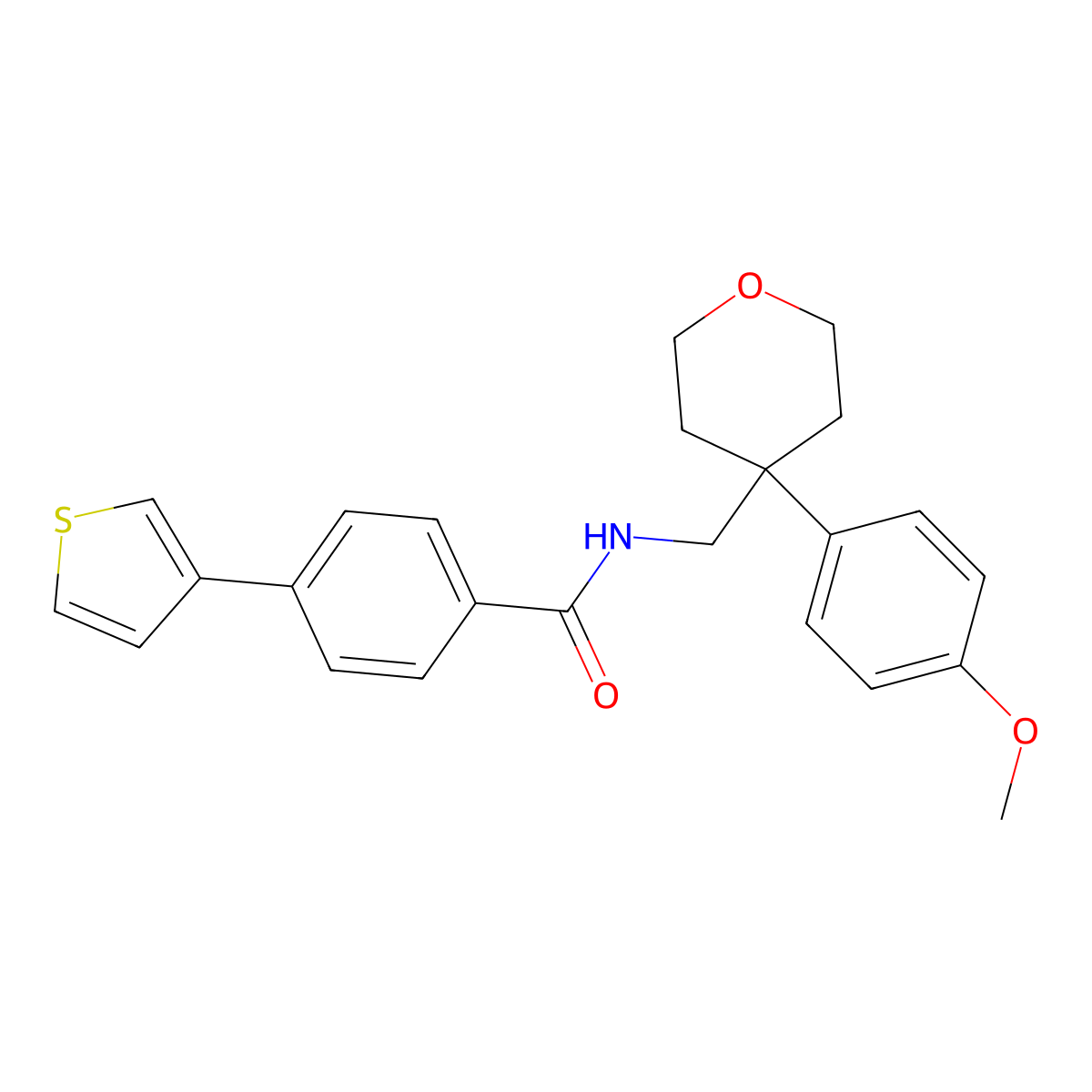N-((4-(4-methoxyphenyl)tetrahydro-2H-pyran-4-yl)methyl)-4-(thiophen-3-yl)benzamide molecular structure, CAS 2034408-91-6