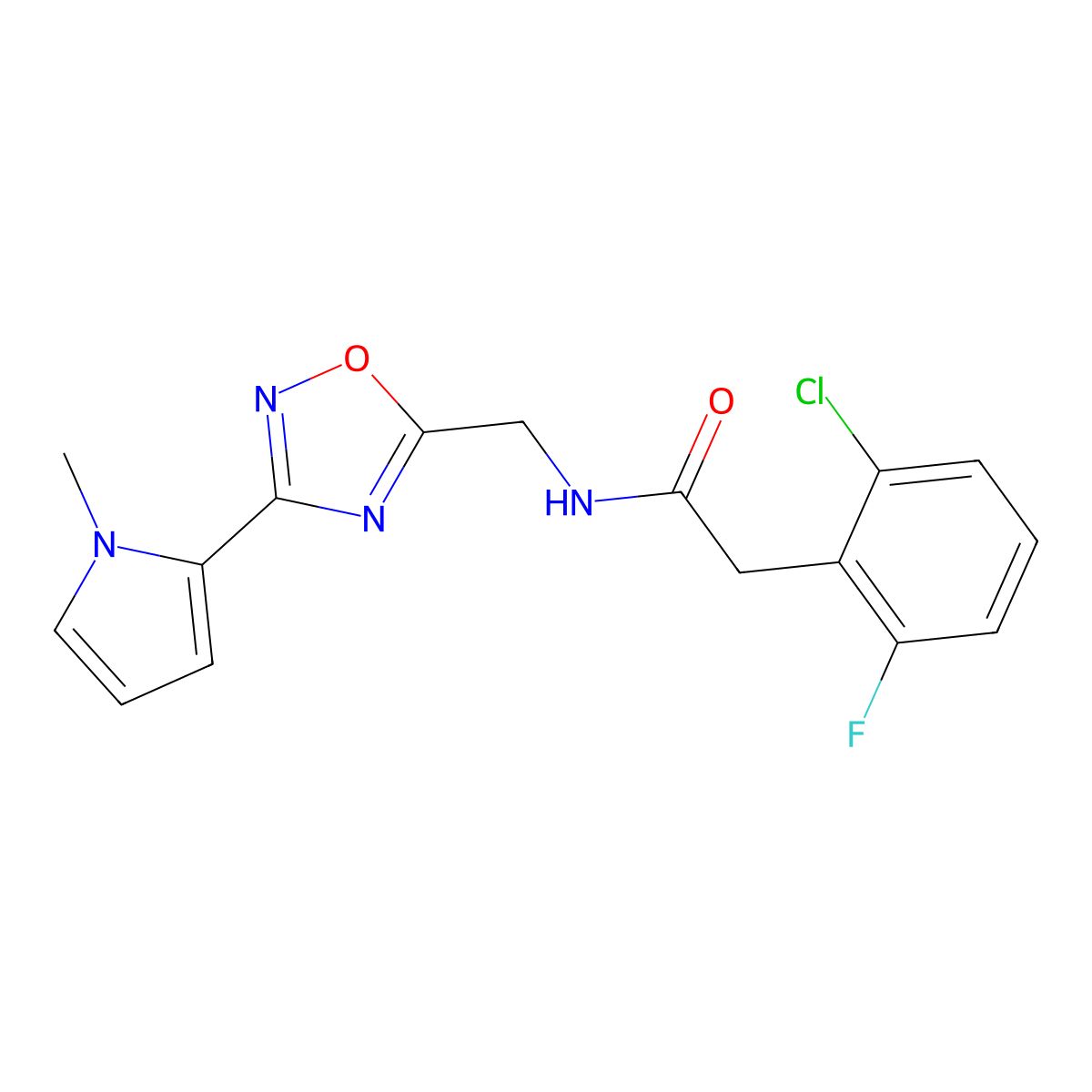 2-(2-chloro-6-fluorophenyl)-N-{[3-(1-methyl-1H-pyrrol-2-yl)-1,2,4-oxadiazol-5-yl]methyl}acetamide molecular structure, CAS 2034409-03-3