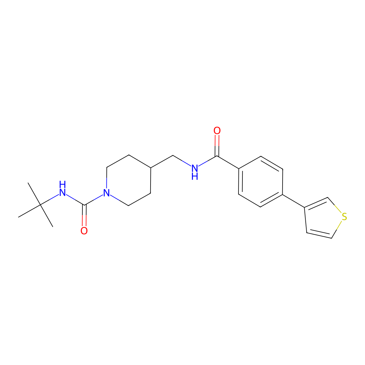 N-(tert-butyl)-4-((4-(thiophen-3-yl)benzamido)methyl)piperidine-1-carboxamide molecular structure, CAS 2034409-34-0