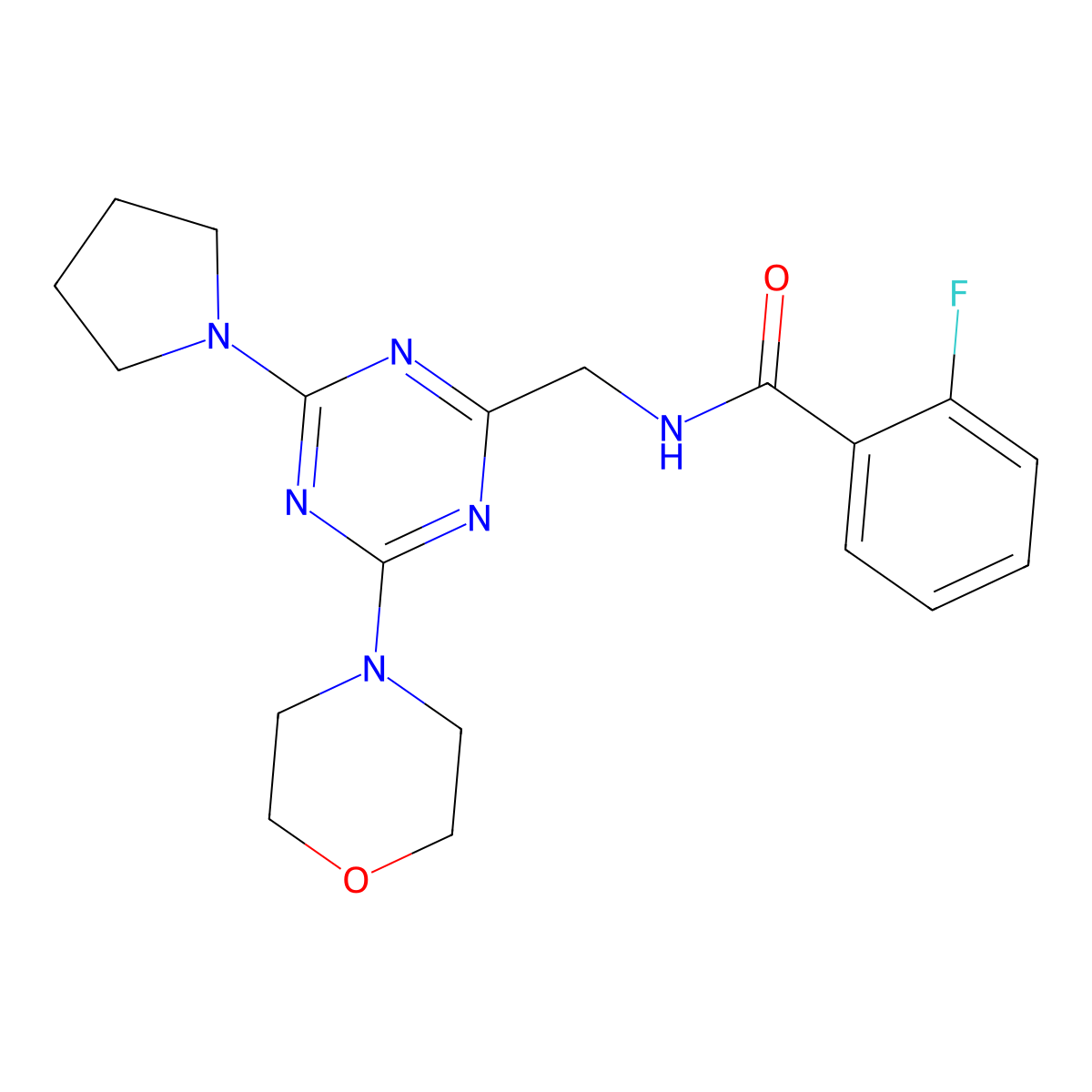 2-fluoro-N-((4-morpholino-6-(pyrrolidin-1-yl)-1,3,5-triazin-2-yl)methyl)benzamide molecular structure, CAS 2034409-38-4