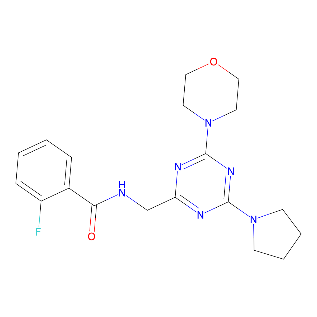 2-fluoro-N-((4-morpholino-6-(pyrrolidin-1-yl)-1,3,5-triazin-2-yl)methyl)benzamide molecular structure, CAS 2034409-38-4