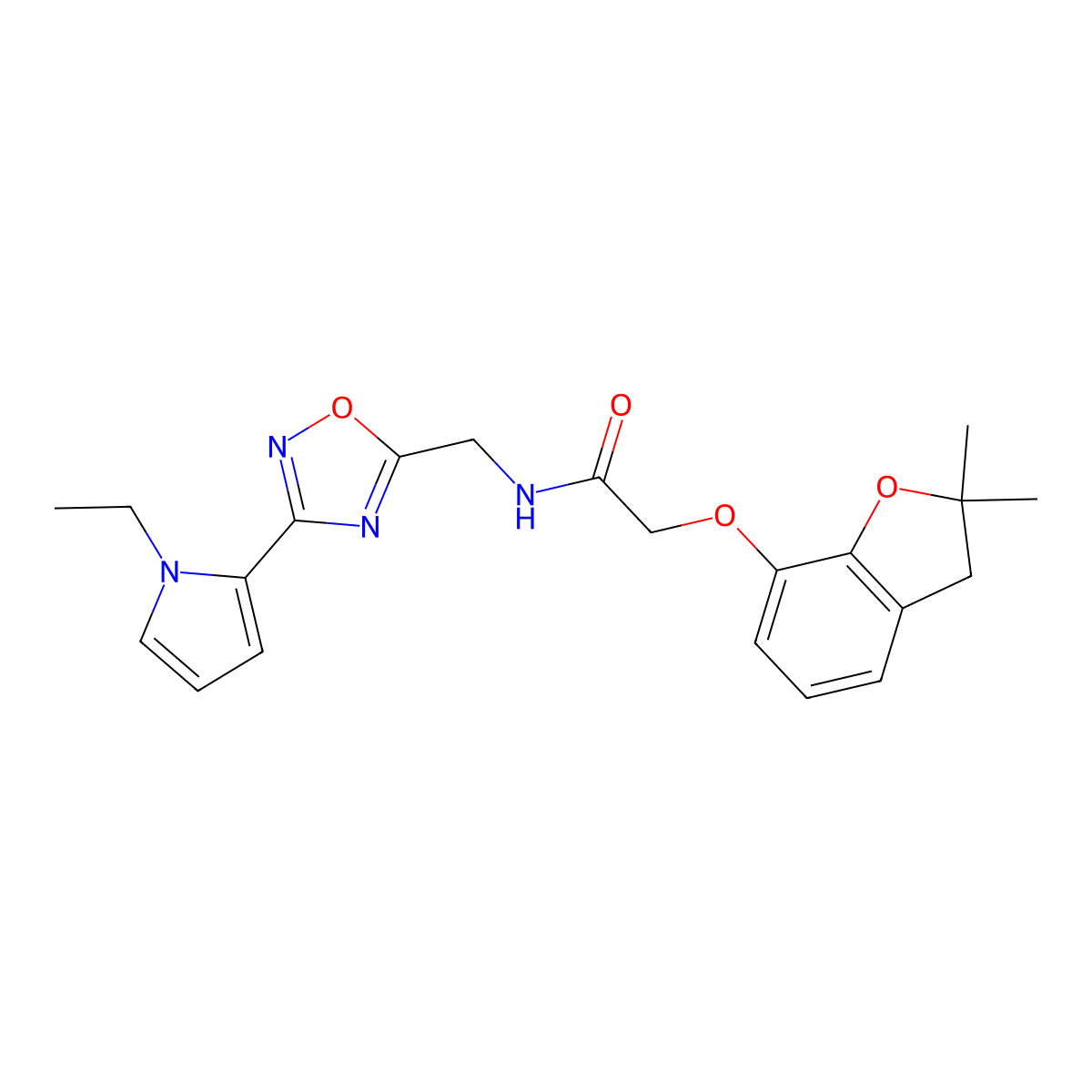 2-((2,2-dimethyl-2,3-dihydrobenzofuran-7-yl)oxy)-N-((3-(1-ethyl-1H-pyrrol-2-yl)-1,2,4-oxadiazol-5-yl)methyl)acetamide molecular structure, CAS 2034409-43-1