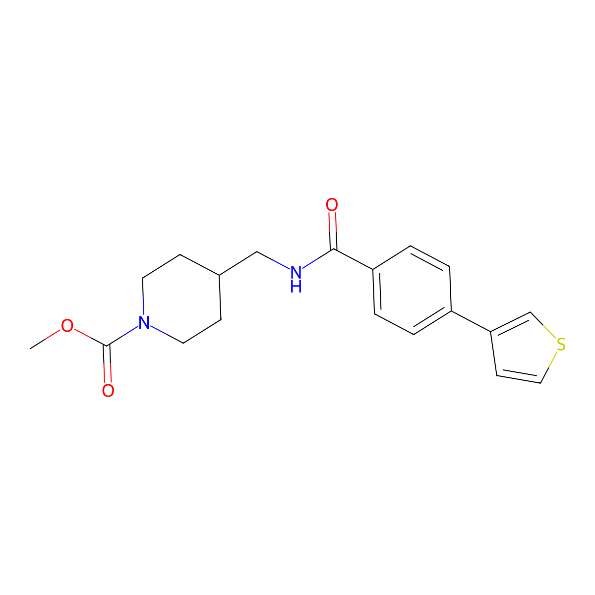 Methyl 4-((4-(thiophen-3-yl)benzamido)methyl)piperidine-1-carboxylate molecular structure, CAS 2034409-51-1