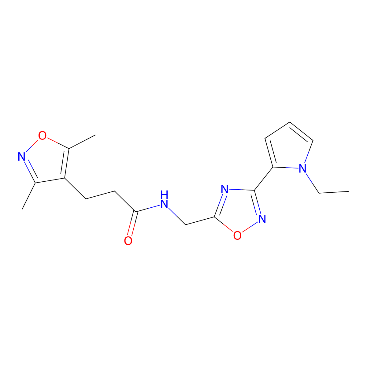 3-(3,5-dimethylisoxazol-4-yl)-N-((3-(1-ethyl-1H-pyrrol-2-yl)-1,2,4-oxadiazol-5-yl)methyl)propanamide molecular structure, CAS 2034409-54-4