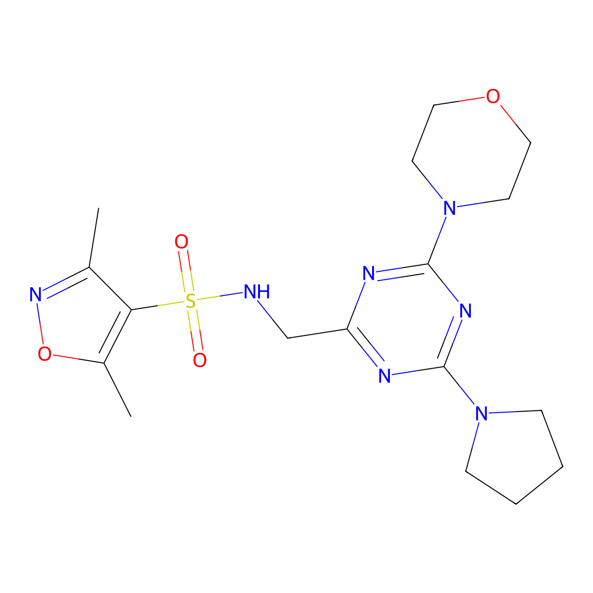 3,5-dimethyl-N-((4-morpholino-6-(pyrrolidin-1-yl)-1,3,5-triazin-2-yl)methyl)isoxazole-4-sulfonamide molecular structure, CAS 2034409-60-2