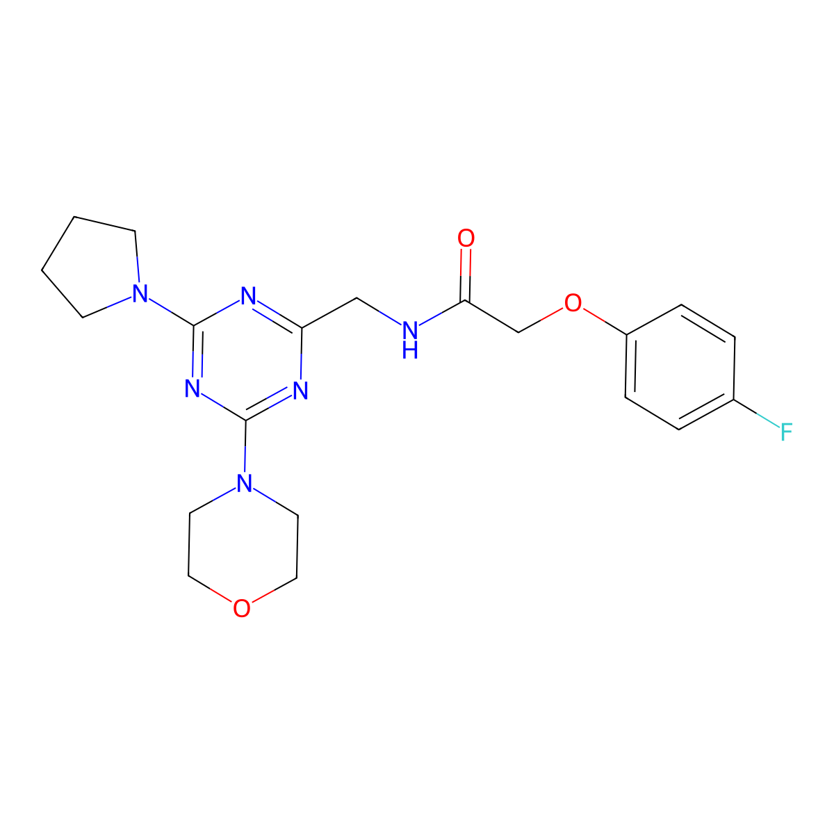 2-(4-fluorophenoxy)-N-((4-morpholino-6-(pyrrolidin-1-yl)-1,3,5-triazin-2-yl)methyl)acetamide molecular structure, CAS 2034410-00-7