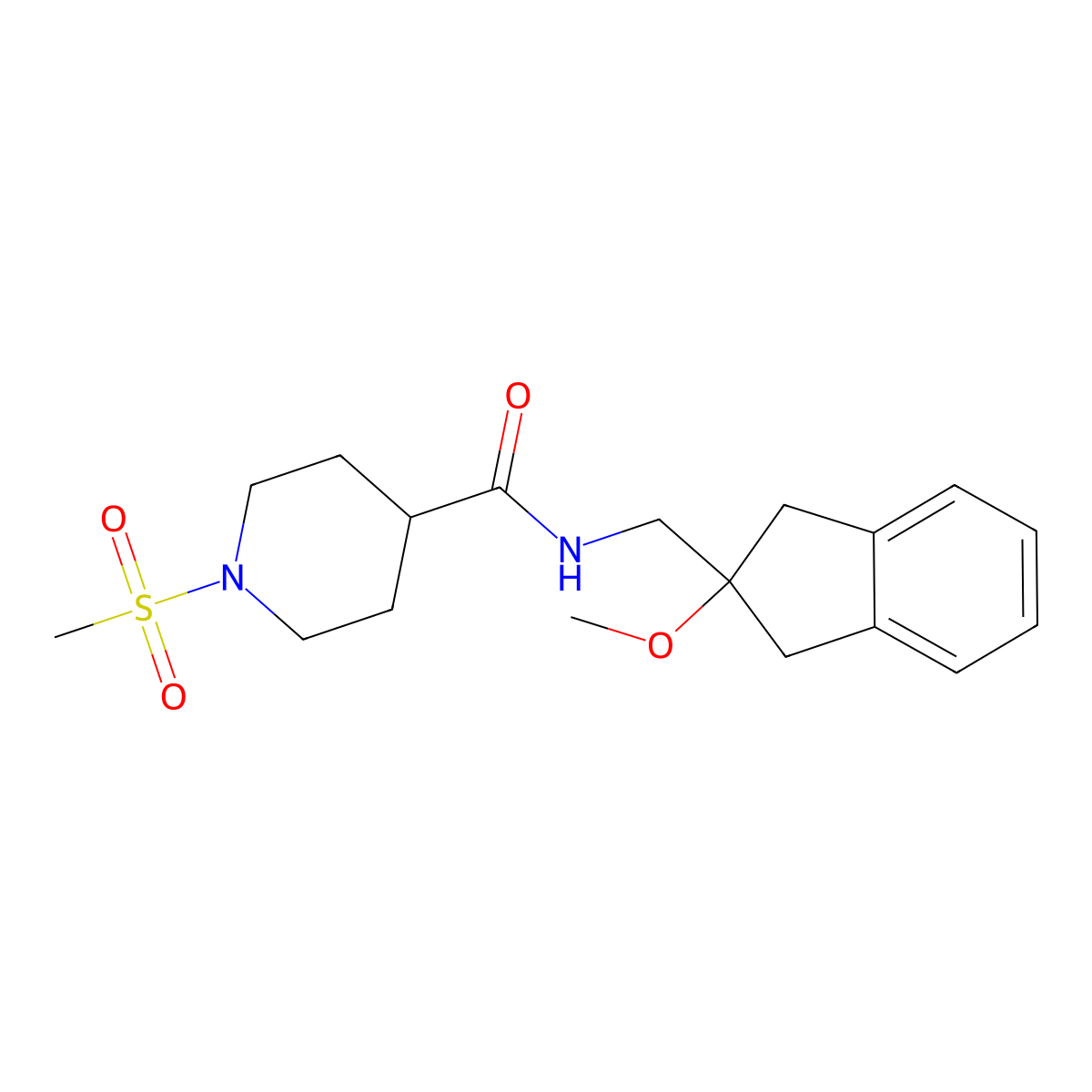 N-((2-methoxy-2,3-dihydro-1H-inden-2-yl)methyl)-1-(methylsulfonyl)piperidine-4-carboxamide molecular structure, CAS 2034410-05-2