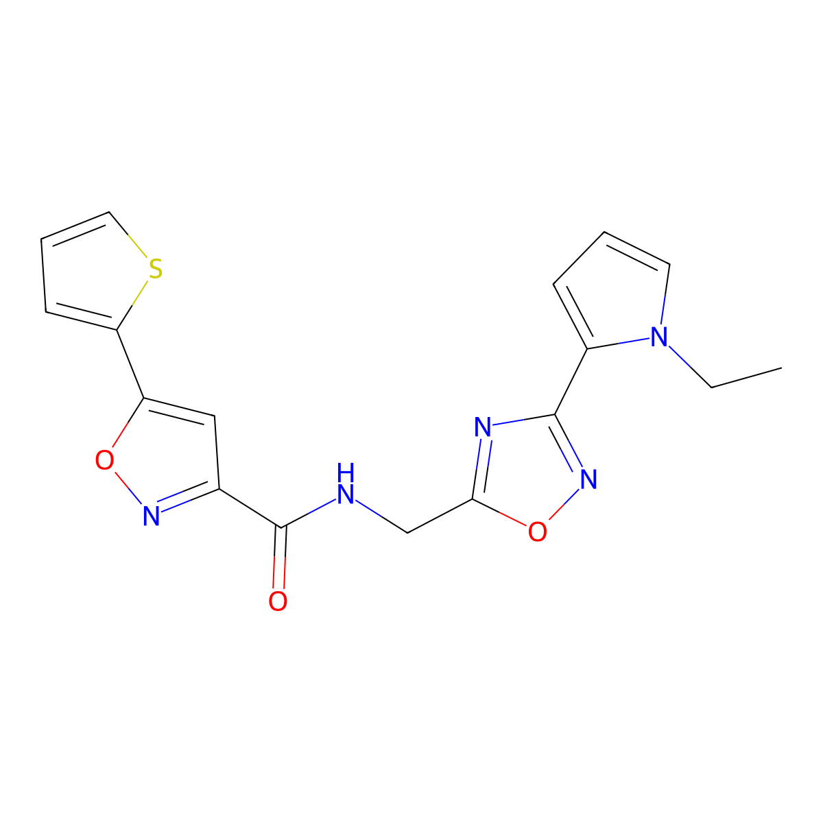 N-((3-(1-ethyl-1H-pyrrol-2-yl)-1,2,4-oxadiazol-5-yl)methyl)-5-(thiophen-2-yl)isoxazole-3-carboxamide molecular structure, CAS 2034410-18-7