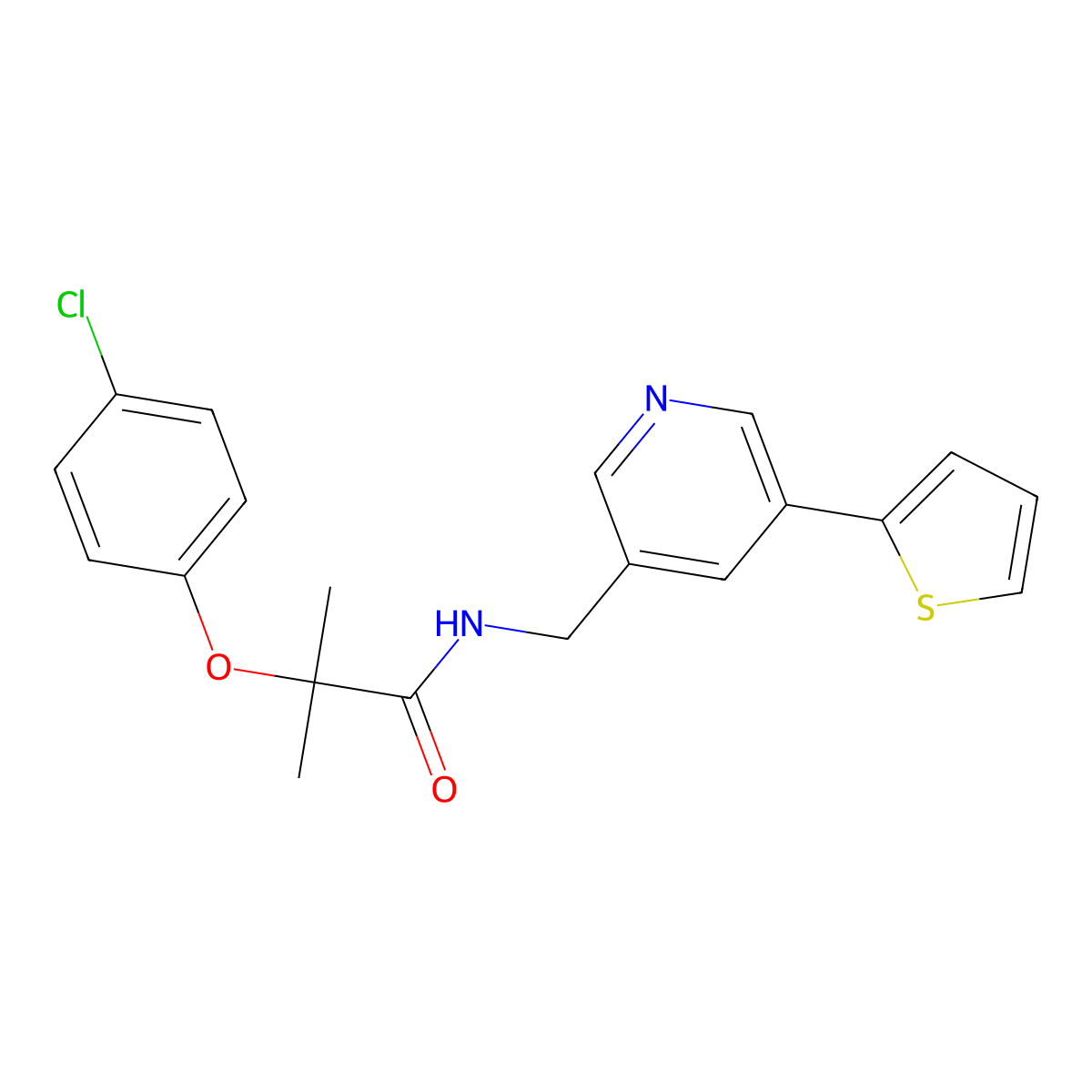 2-(4-chlorophenoxy)-2-methyl-N-((5-(thiophen-2-yl)pyridin-3-yl)methyl)propanamide molecular structure, CAS 2034410-19-8