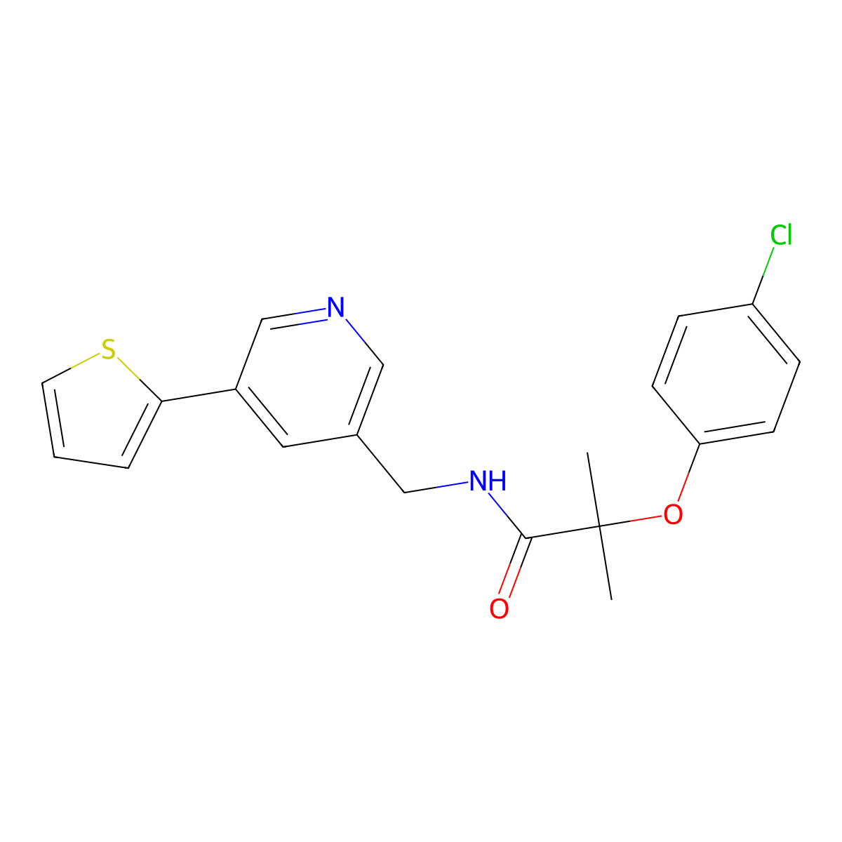 2-(4-chlorophenoxy)-2-methyl-N-((5-(thiophen-2-yl)pyridin-3-yl)methyl)propanamide molecular structure, CAS 2034410-19-8