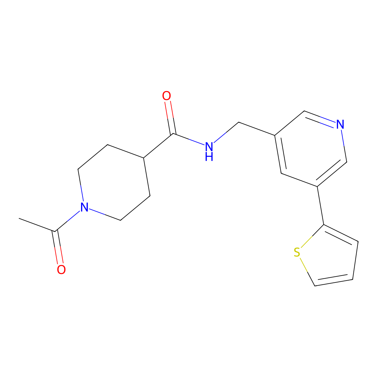 1-acetyl-N-{[5-(thiophen-2-yl)pyridin-3-yl]methyl}piperidine-4-carboxamide molecular structure, CAS 2034410-32-5
