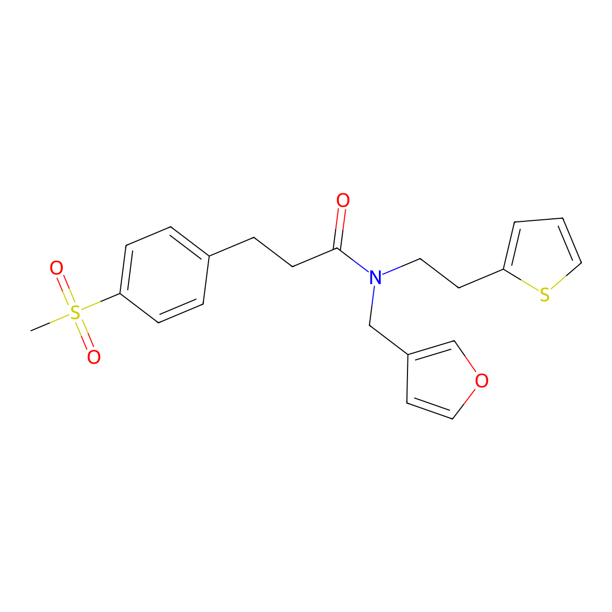 N-(furan-3-ylmethyl)-3-(4-(methylsulfonyl)phenyl)-N-(2-(thiophen-2-yl)ethyl)propanamide molecular structure, CAS 2034410-38-1