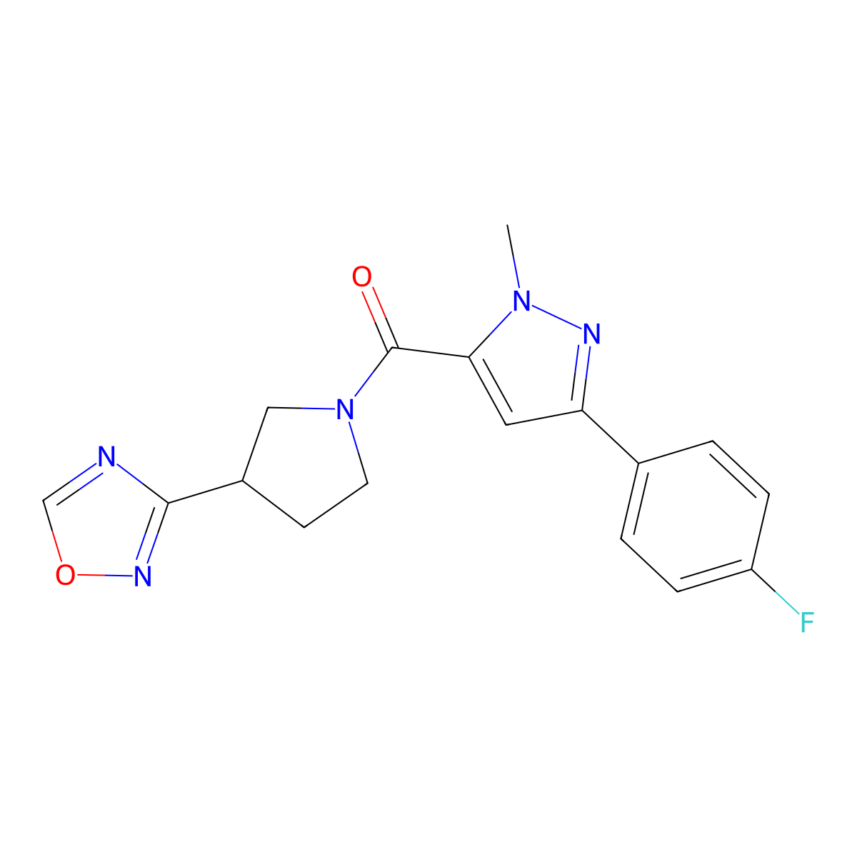 (3-(1,2,4-oxadiazol-3-yl)pyrrolidin-1-yl)(3-(4-fluorophenyl)-1-methyl-1H-pyrazol-5-yl)methanone molecular structure, CAS 2034410-49-4