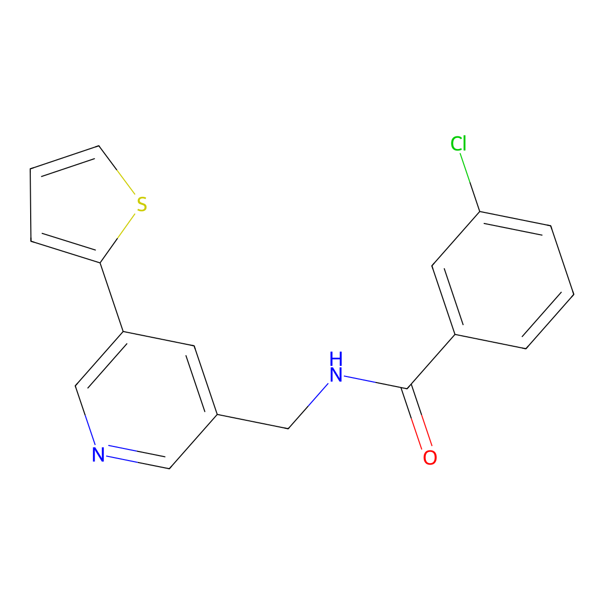 3-chloro-N-((5-(thiophen-2-yl)pyridin-3-yl)methyl)benzamide molecular structure, CAS 2034410-54-1