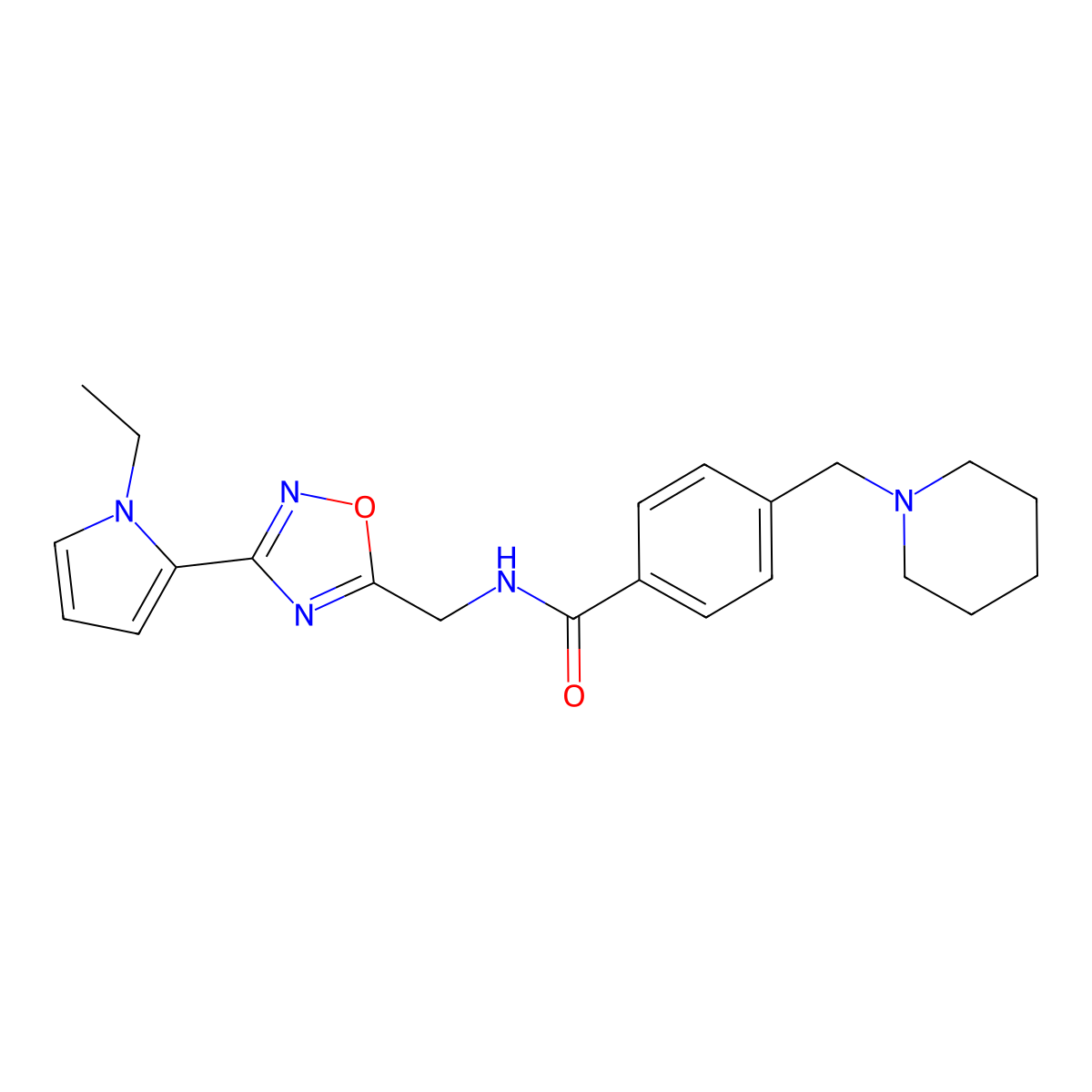 N-((3-(1-ethyl-1H-pyrrol-2-yl)-1,2,4-oxadiazol-5-yl)methyl)-4-(piperidin-1-ylmethyl)benzamide molecular structure, CAS 2034410-57-4